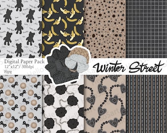 Winter Street Digital Paper Pack, Scrapbook Patterns (12"x12", 300dpi) (Digital Download)
