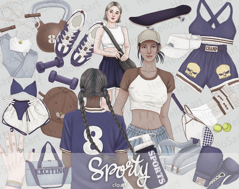 May include: A set of colorful sports-themed clipart featuring a woman wearing a white tank top and blue shorts, a woman wearing a white and brown shirt, a woman wearing a blue and purple jersey with the number 8, a skateboard, a pair of boxing gloves, a tennis racket, a water bottle, a gym bag, a pair of dumbbells, a kettlebell, a pair of sneakers, a sports bra, a pair of shorts, a baseball cap, a visor, a pair of socks, and a pair of tennis balls.