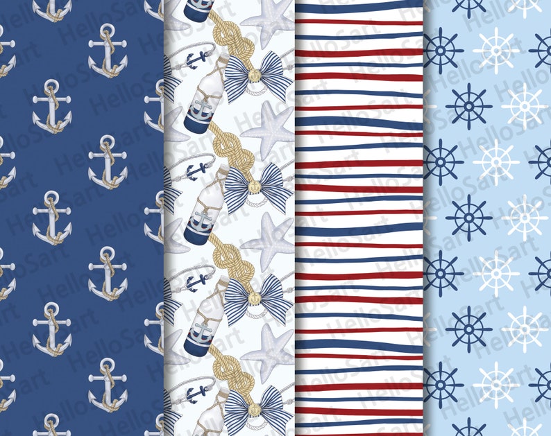 Nautical Papers Summer Pattern Sailing Pattern Planner Sticker Digital Paper scrapbook Pattern seamless patterns Hand Drawn Background Image image 2