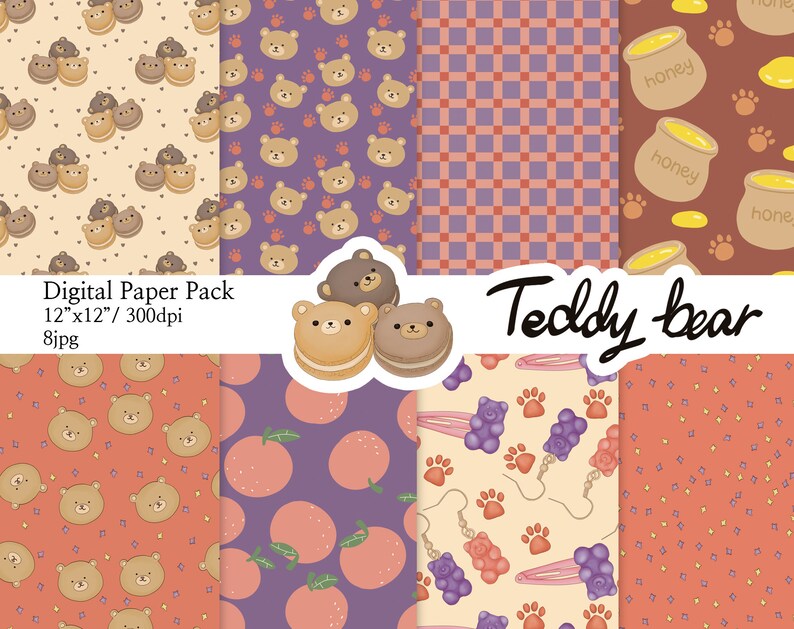 Teddy Bear Digital Paper Pack, Scrapbook Seamless Patterns (12x12 ...