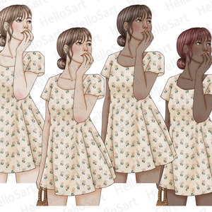 May include: Four illustrations of women wearing a white dress with a floral pattern. The women have different hair colors and skin tones. Each woman is holding a small brown bag.