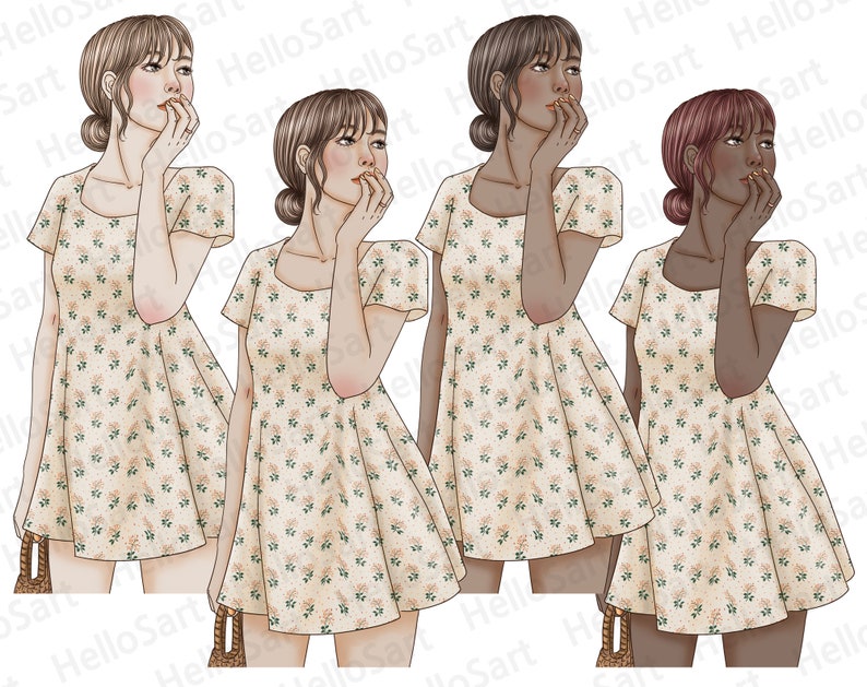 May include: Four illustrations of women wearing a white dress with a floral pattern. The women have different hair colors and skin tones. Each woman is holding a small brown bag.