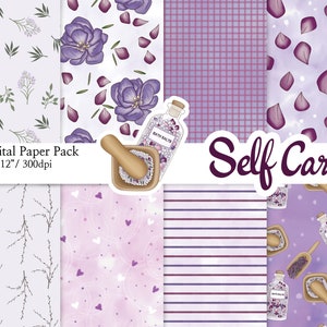May include: Digital paper pack with 8 different patterns in purple, white, and gray. The patterns include flowers, leaves, hearts, stripes, and polka dots. The text "Self Care" is in the center of the image.