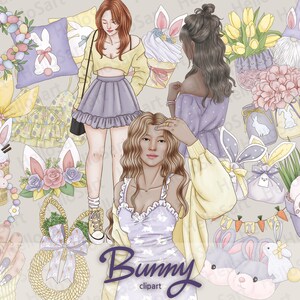 Bunny Clipart Pasen Clipart Lente esthetische Girl Clipart Vrouw Mode Clipart Handgetekende Graphics Planner Stickers scrapbook materiaal