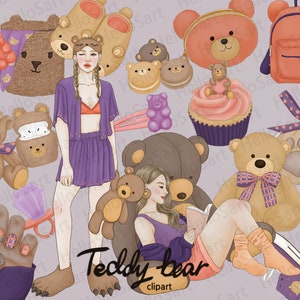 Teddy Bear Clipart: Hand-Drawn Girls, Planner Stickers (PNG)