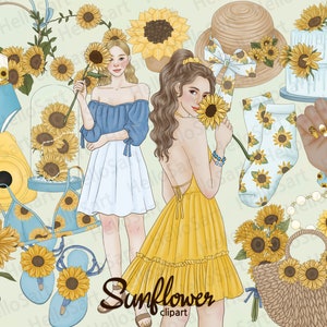 ひまわりのクリップアート 花のクリップアート 花のクリップアート 夏のクリップアート 女の子のクリップアート 女性のファッションのクリップアート 女の子の手描きのグラフィック プランナーのステッカー