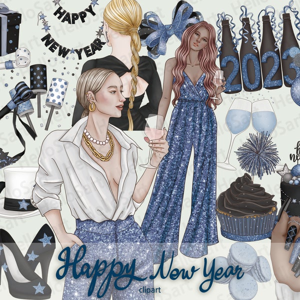 Happy New Year Clipart Holiday ClipArt party Clipart Girl Clipart Woman Fashion Clipart Hand Drawn Girls Graphics Planner Stickers scrapbook