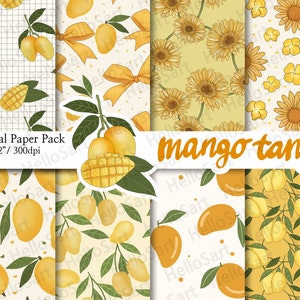 May include: A digital paper pack with eight 12x12 inch seamless patterns featuring yellow mangoes, green leaves, and yellow flowers on a light yellow background. The text "mango tango" is written in a white banner across the top of the image.
