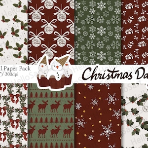May include: A digital paper pack with eight Christmas themed patterns. The patterns include holly, snowflakes, reindeer, and ornaments. The text "Christmas Day" is featured in the center of the image.