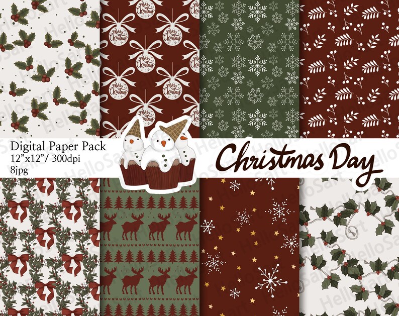 May include: A digital paper pack with eight Christmas themed patterns. The patterns include holly, snowflakes, reindeer, and ornaments. The text "Christmas Day" is featured in the center of the image.