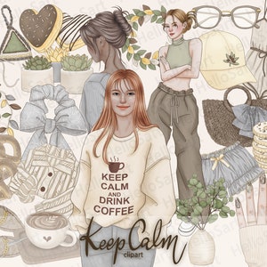 Keep Calm Clipart Cozy Clipart Daily estética Chica Clipart Mujer Moda Clipart Gráficos dibujados a mano Planificador Pegatinas material del libro de recuerdos