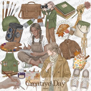 May include: A digital illustration featuring a collection of art supplies, including paintbrushes, a palette, a vintage camera, a sketchbook, and a wooden mannequin. The scene includes two individuals, one drawing and one holding a camera, alongside a brown leather bag, a croissant, a coffee mug, and sneakers, with the text Creative Day.