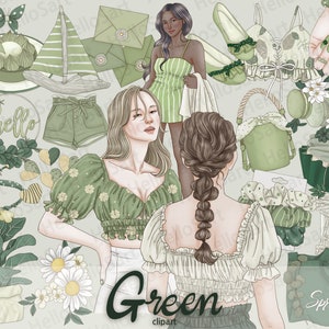 Verde Clipart naturaleza Clipart Primavera estética Chica Clipart Mujer Moda Clipart Dibujado a mano Planificador de gráficos Pegatinas material del álbum de recortes