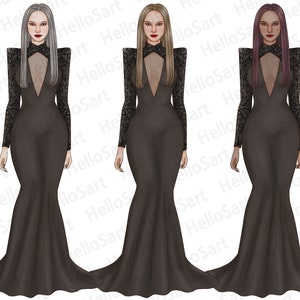 Puede incluir: Tres mujeres con vestidos largos de encaje negro con escote transparente. Las mujeres tienen diferentes colores de pelo: gris, rubio y morado.