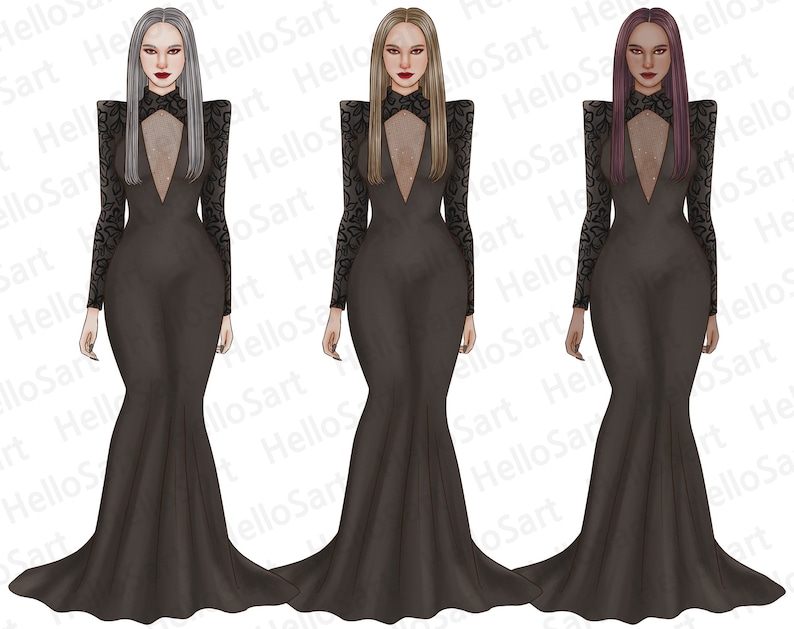 Puede incluir: Tres mujeres con vestidos largos de encaje negro con escote transparente. Las mujeres tienen diferentes colores de pelo: gris, rubio y morado.