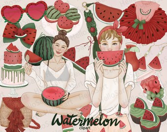 Watermelon Clipart: Summer Fashion Girl Graphics (PNG)
