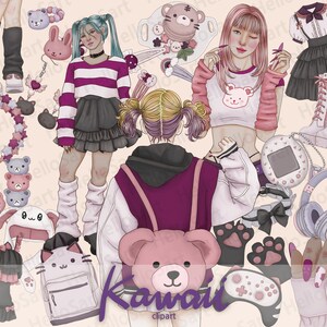 Clipart de Chica Kawaii: Gráficos de moda dibujados a mano, pegatinas para agenda (PNG)
