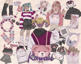 Kawaii Girl Clipart: Ręcznie rysowane grafiki modowe, naklejki do planera (PNG)