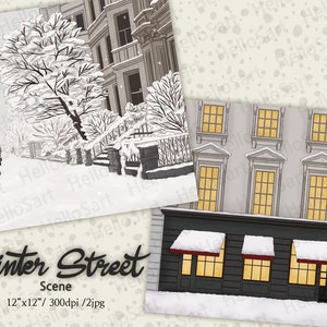 Escena de la calle de invierno Escena de invierno Estética de la nieve Planificador de escenas Planificador gráfico Pegatina material de recorte de fondo Ilustración de imagen de fondo