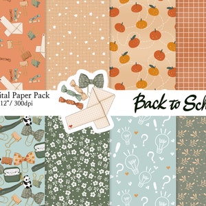 Puede incluir: Un paquete de papel digital con 8 patrones diferentes para la vuelta al cole. Los patrones incluyen un fondo azul con osos panda y clips, un fondo verde con flores blancas, un fondo azul claro con bombillas y signos de interrogación, un fondo verde con ramas marrones, un fondo naranja claro con naranjas, un fondo naranja claro con estrellas, un fondo naranja claro con clips y caramelos, y un fondo marrón con un patrón de cuadrícula. El texto "Back to School" está escrito en cursiva negra.