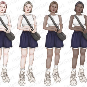 May include: Four illustrations of women wearing white tank tops, navy blue shorts, and white sneakers. Each woman has a different hair color and skin tone. They are all holding a black crossbody bag.