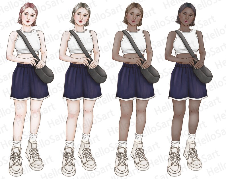 May include: Four illustrations of women wearing white tank tops, navy blue shorts, and white sneakers. Each woman has a different hair color and skin tone. They are all holding a black crossbody bag.