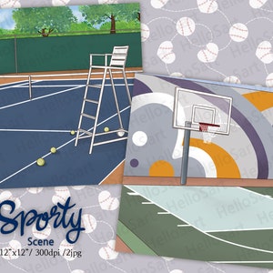 Sportieve scène Tennisscène Basketbalscène Sportscène Planner Grafisch planner sticker plakboekmateriaal Achtergrondafbeelding illustratie