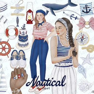Clipart nautisch meisje: zomerzeilafbeeldingen, plannerstickers (PNG)