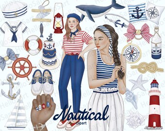 Nautical Girl Clipart: Summer Sailing Graphics, Planner Stickers (PNG)