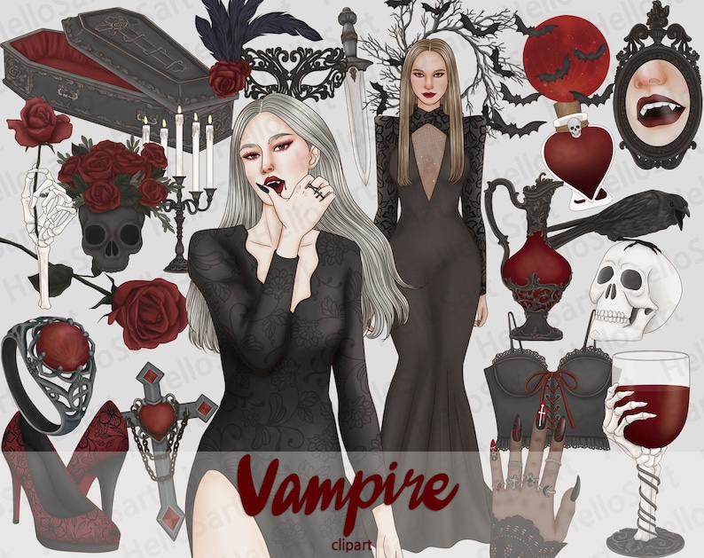 Puede incluir: Una colecci&oacute;n de clipart digital con tem&aacute;tica de vampiros que incluye una mujer con un vestido negro, una calavera, un ata&uacute;d, una botella en forma de coraz&oacute;n, una m&aacute;scara de masquerade, rosas y una copa de vino.