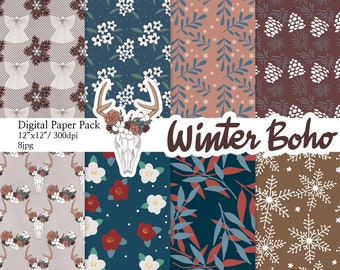 Winter Boho Paper Christmas Pattern Cozy  Planner Sticker Digital Paper scrapbook Pattern seamless patterns Hand Drawn Background Image