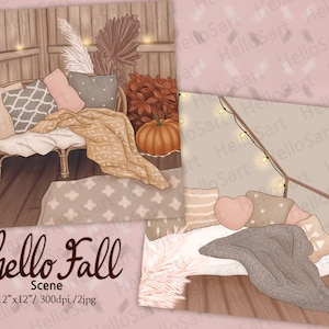 May include: An illustration depicting a cosy autumn scene with a wicker chair, cushions, and a blanket. A pumpkin and decorative plants are also present. The text "hello Fall Scene" is at the bottom. The image is 30.5cm x 30.5cm.