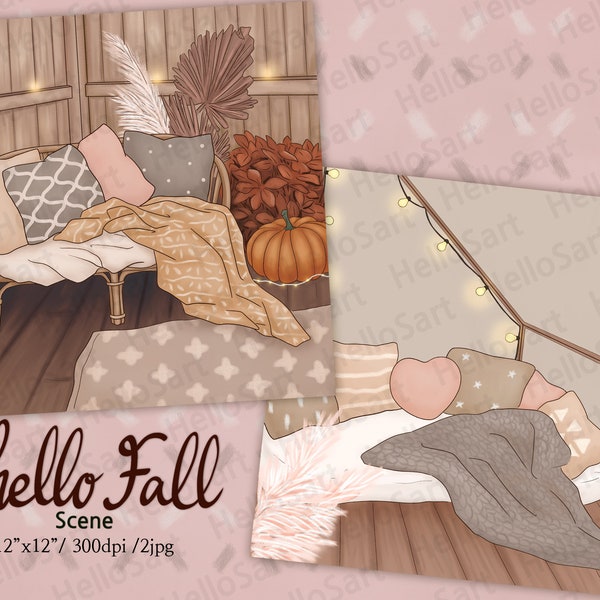 Hello Fall Scene Cozy Autumn Scene Planner Graphic planner sticker scrapbook material Background images illustration