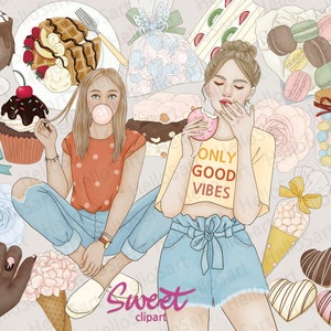 Dessertclipart: handgetekende meisjes, chocolade en snoep (PNG)