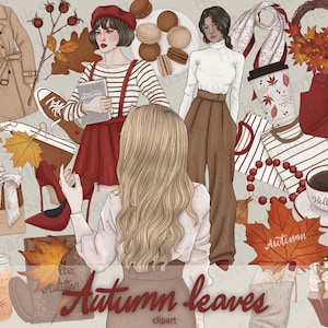 Autumn Leaves Clipart Fall ClipArt Cosy ClipArt Girl Clipart Mulher Moda Clipart Desenhado à mão Meninas Gráficos Planejador Adesivos scrapbook