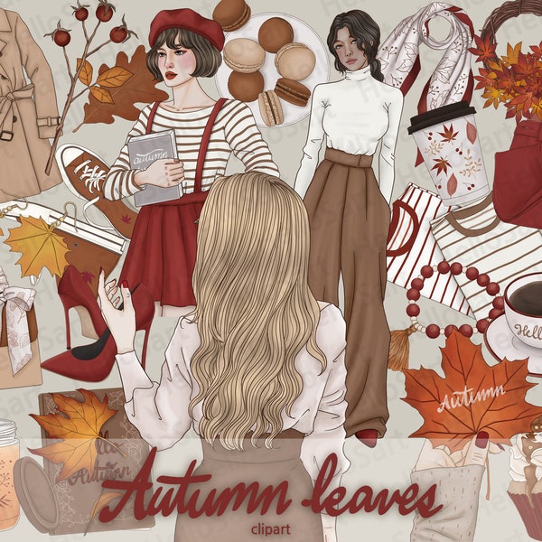 Autumn Leaves Clipart Fall ClipArt Cozy ClipArt Girl Clipart Woman Fashion Clipart Hand Drawn Girls Graphics Planner Stickers scrapbook