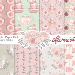 Afternoon Tea Papers  Rose Patterns Floral Planner Sticker Digital Paper Pattern scrapbook seamless patterns Hand Drawn Background Image
