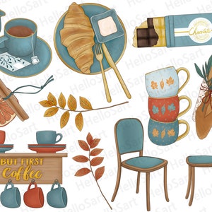 May include: A set of illustrations featuring a variety of coffee-themed items, including mugs, a coffee pot, a croissant, a bar of chocolate, and a chair. The illustrations are in a watercolor style and feature warm, autumnal colors.