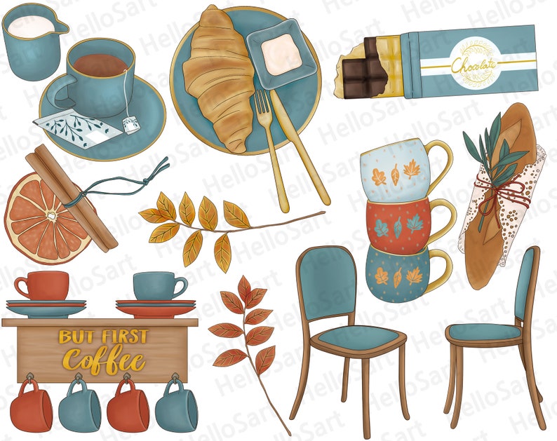 May include: A set of illustrations featuring a variety of coffee-themed items, including mugs, a coffee pot, a croissant, a bar of chocolate, and a chair. The illustrations are in a watercolor style and feature warm, autumnal colors.