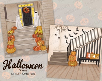 Halloween Scene Spooky Scene Horror Scene Planner Graphic planner sticker scrapbook material Background images illustration