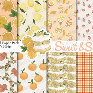 May include: Digital paper pack with eight 12x12 inch seamless patterns featuring lemons, peaches, and a gingham pattern. The patterns are in shades of yellow, orange, pink, and white.