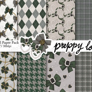 Può includere: Pacchetto di carta digitale con otto motivi preppy in verde e grigio. I motivi includono fiocchi, perle, cuori, quadri, pied-de-poule e rombi. Il testo "preppy look" è incluso nell'immagine.