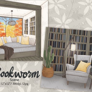 Boekenwurm Scene Home bibliotheek Scene Booklover Scene Cozy Planner Grafische planner sticker plakboek materiaal Achtergrond afbeeldingen illustratie