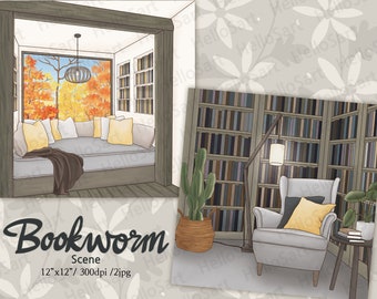 Bookworm Scene Home library Scene Booklover Scene Cozy Planner Graphic planner sticker scrapbook material Background images illustration