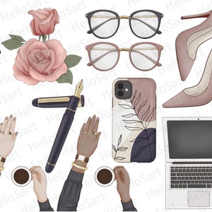 K&ouml;nnte beinhalten: Eine digitale Illustration eines Frauenarbeitsplatzes mit Laptop, Smartphone, Brille, Stift, Uhr, Kaffeetasse und High Heels. Die Illustration ist im minimalistischen Stil mit gedeckten Farben gehalten.