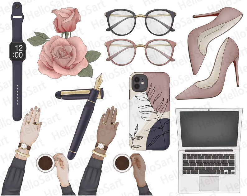 K&ouml;nnte beinhalten: Eine digitale Illustration eines Frauenarbeitsplatzes mit Laptop, Smartphone, Brille, Stift, Uhr, Kaffeetasse und High Heels. Die Illustration ist im minimalistischen Stil mit gedeckten Farben gehalten.