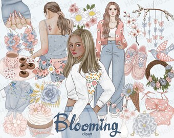 Blooming Clipart Spring Clipart Flower ClipArt Cozy Clipart Woman Fashion Clipart Hand Drawn Girl Graphic Planner Sticker scrapbook material