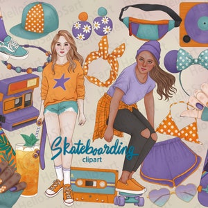 Skateboarding Clipart: Retro Fashion Girl Graphics (PNG)