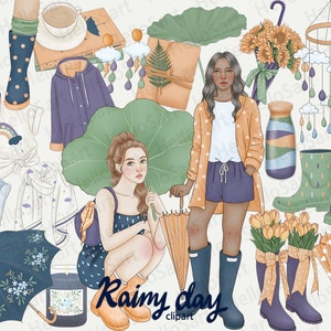 Rainy Day Clipart: Girls, Clouds, Umbrellas (PNG Files)