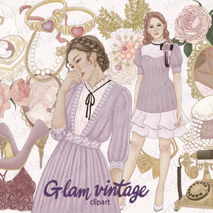 魅力的なヴィンテージ クリップアート 花のクリップアート バラのクリップアート 花のクリップアート 女の子のクリップアート 女性ファッション クリップアート 手描きの女の子 グラフィック プランナー ステッカー